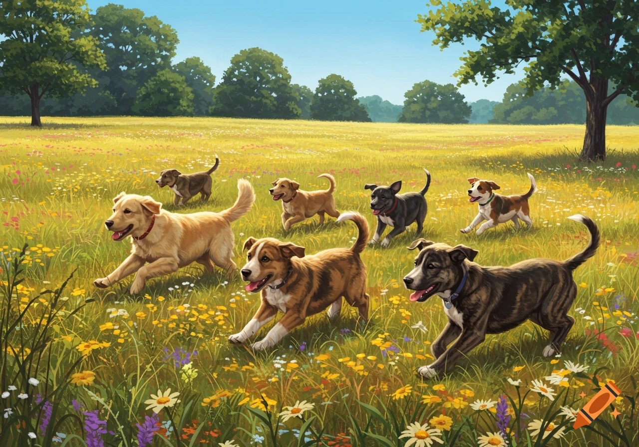 An illustration of several playful puppies running through a sunlit field filled with green grass and colorful wildflowers.