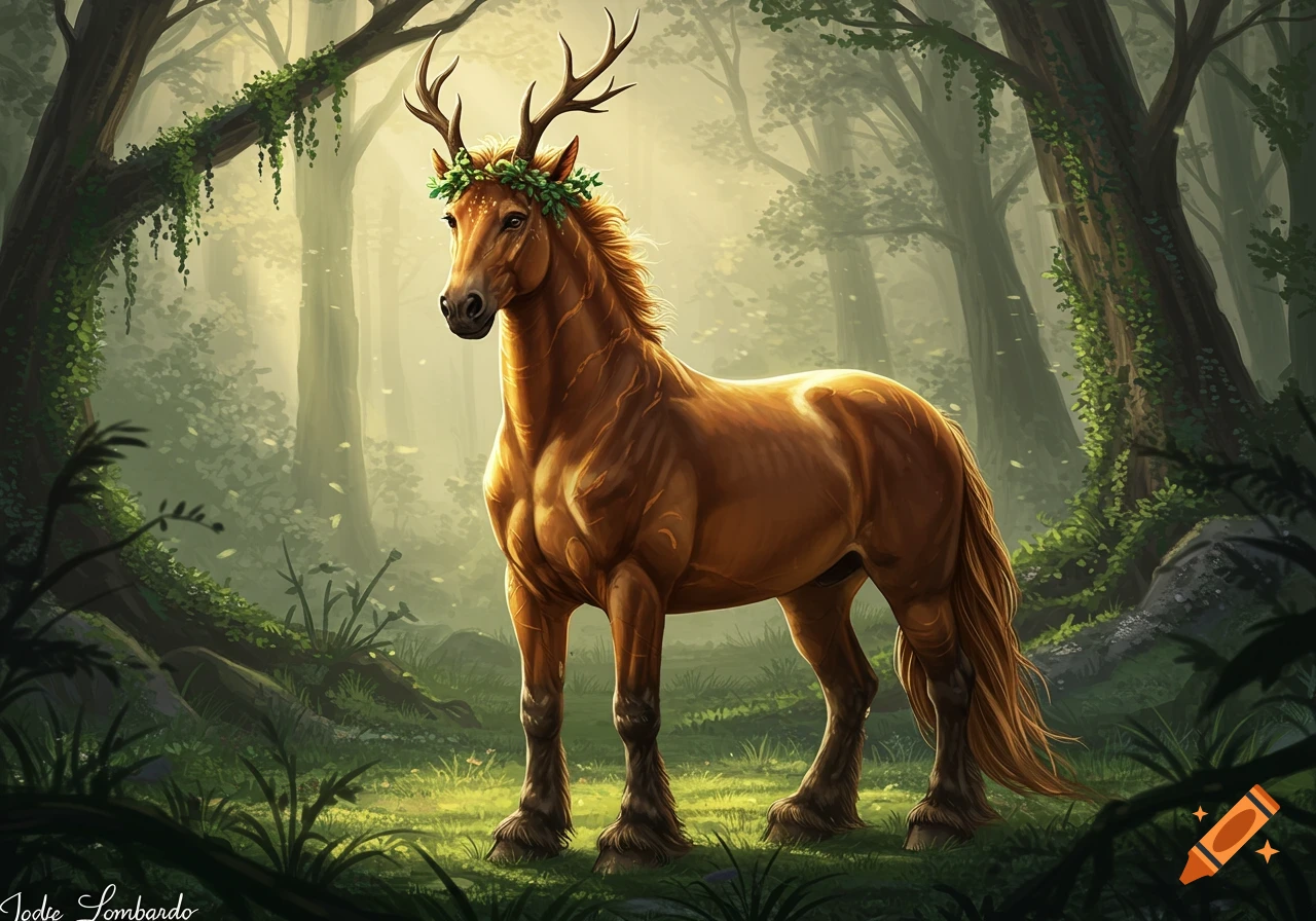 A majestic horse-like creature with deer antlers and a leaf wreath stands in a sunlit forest.
