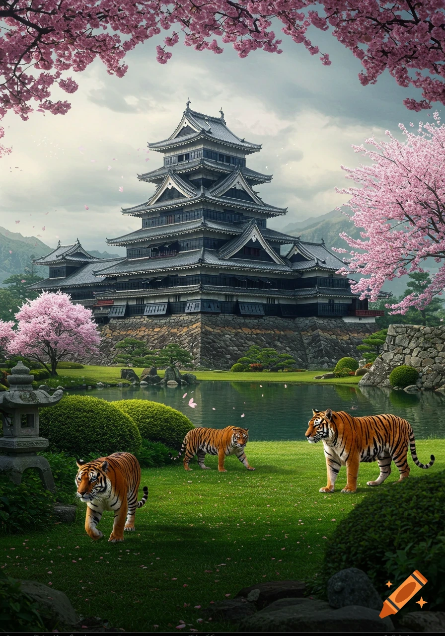 A grand black and copper Japanese castle by a lake, surrounded by pink cherry blossoms. Three tigers roam on green grass under an overcast sky. Photorealistic.