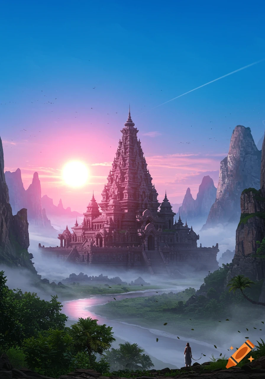 A grand temple in a misty valley at sunset, with a vibrant pink sun, surrounded by mountains and a winding river. A lone figure stands in the foreground.