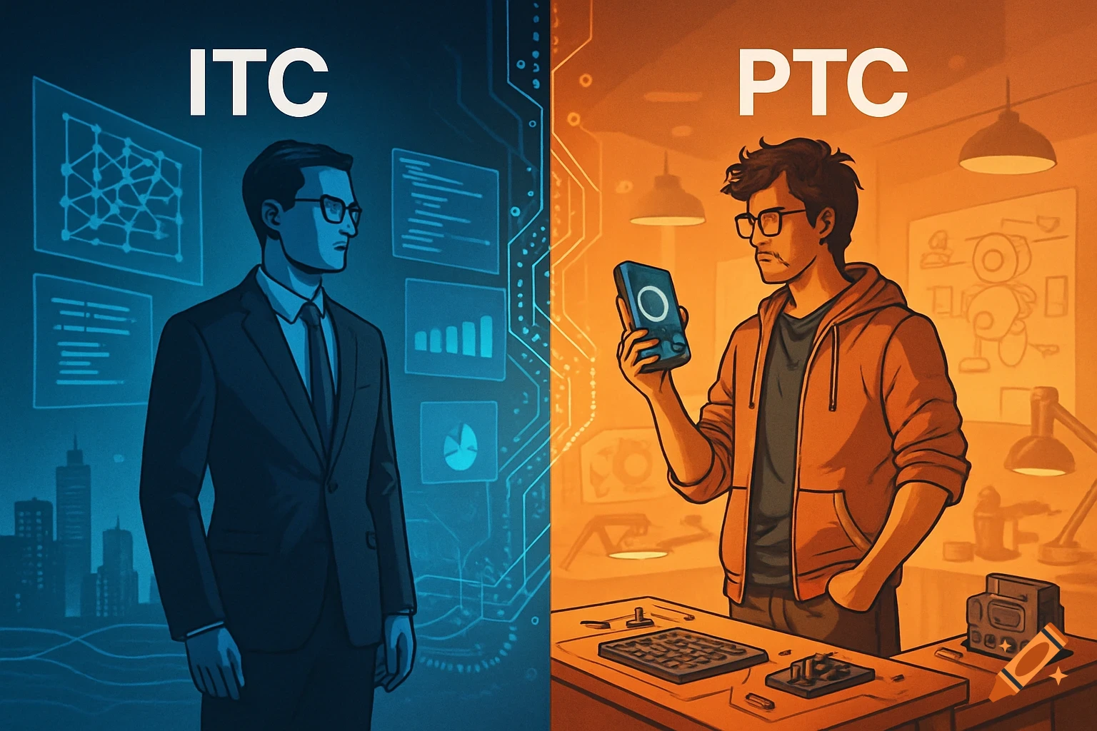 Stylized split image of two men: a suited man on a blue side with 'ITC' text, and a hooded man holding a device on an orange side with 'PTC' text.