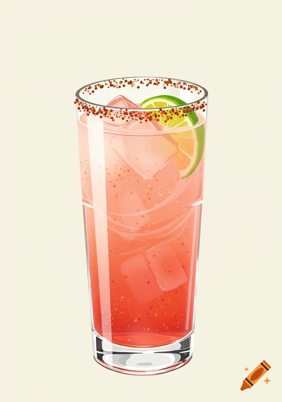 Clipart illustration of a pink cocktail with ice and a lime slice in a tall glass with a red spiced rim.