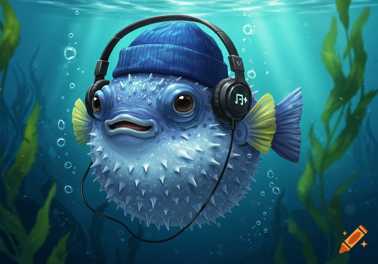 A cartoon illustration of a cute blue puffer fish wearing a blue beanie and black headphones underwater, with green kelp and bubbles.