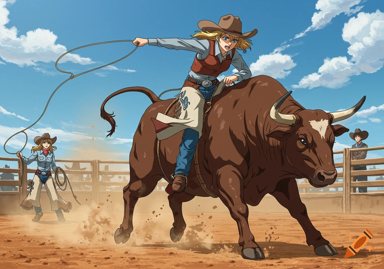 Anime-style cowgirl rides a bucking bull in a rodeo arena, while another cowgirl swings a lasso in the background.