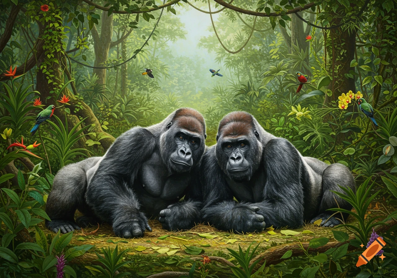 Two photorealistic gorillas lying on the forest floor in a lush jungle with vibrant plants and birds.