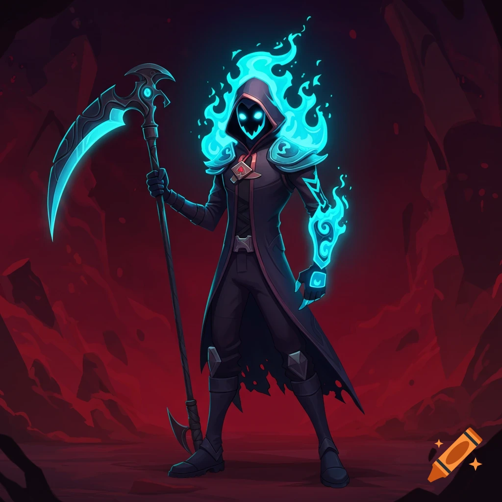 A cartoon-style character in a black cloak with glowing blue eyes and blue flames on its head and arms, holding a blue glowing scythe against a dark red background.