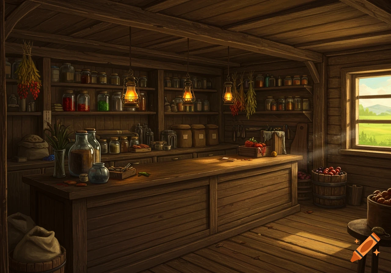 An interior view of a rustic wooden shop filled with shelves of jars, hanging dried herbs, and lanterns, with a counter in the foreground and a window looking out onto green fields.