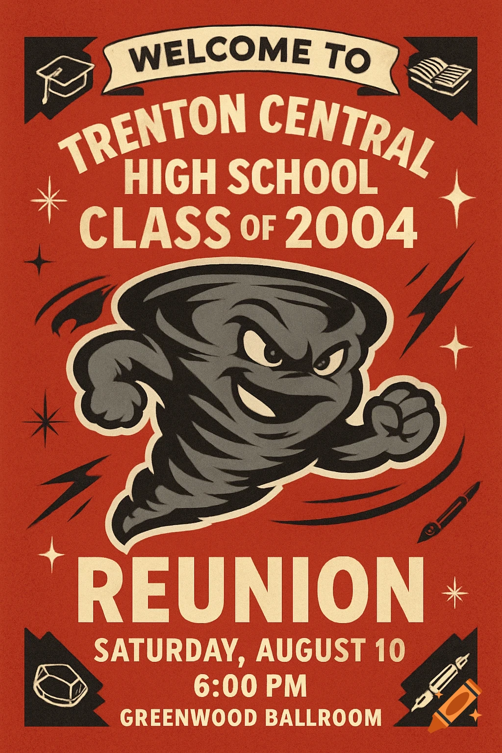 A vintage-style red flyer for the Trenton Central High School Class of 2004 Reunion, featuring a cartoon gray tornado mascot and event details.