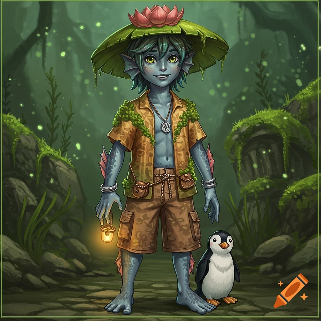 A blue-skinned boy with webbed hands and feet, wearing a lilypad hat, an unbuttoned patterned shirt, and cargo shorts, stands with a lantern in one hand and a small penguin beside him in a mystical green forest.