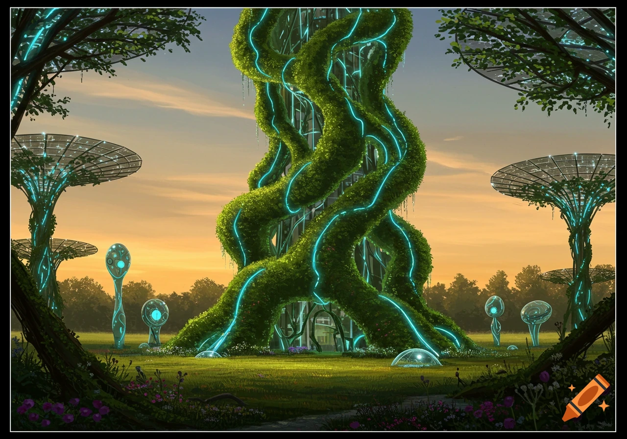 A futuristic park scene with a large, moss-covered tower wrapped in glowing blue lines, surrounded by glowing tree-like structures and smaller pods, under a warm sky.