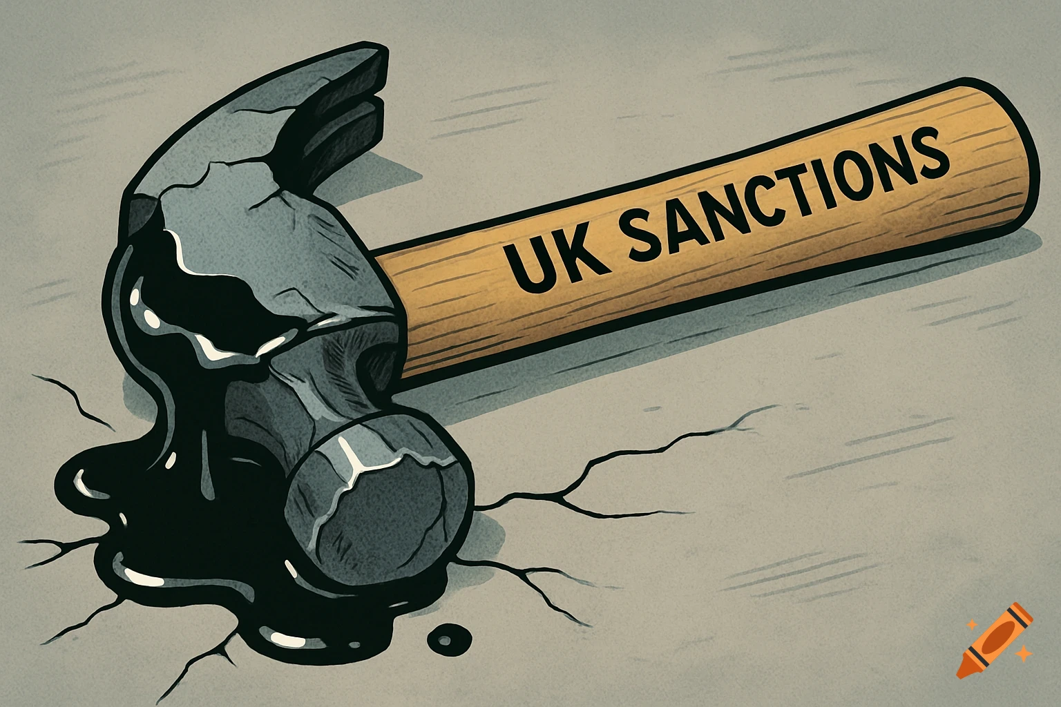 A comic-style illustration of a hammer with a broken head, covered in black oil, lying on cracked ground. The hammer's wooden handle reads 'UK SANCTIONS'.