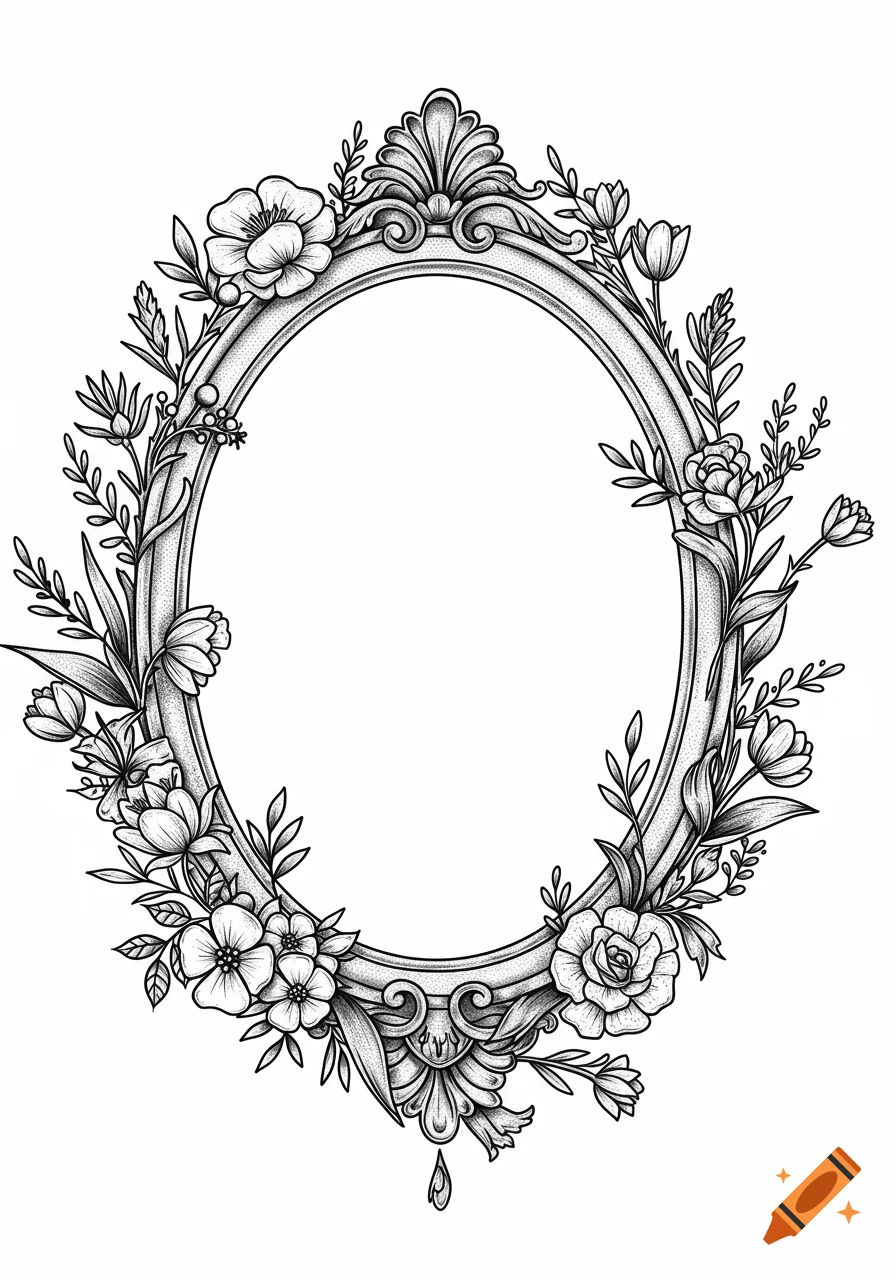 Black and white illustration of an ornate oval antique gothic frame adorned with wildflowers, roses, and tulips.