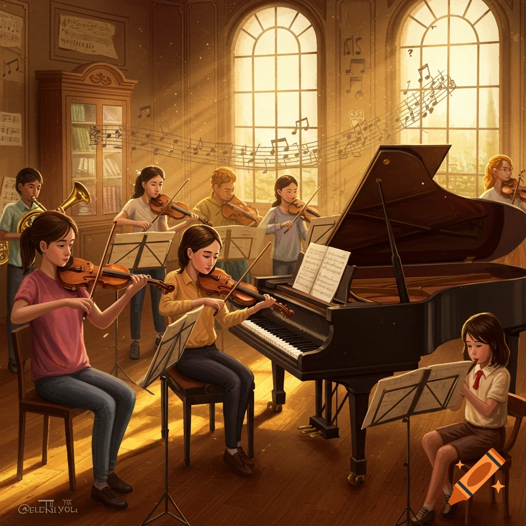 Students practice musical instruments including violins, piano, and a tuba in a sunlit music room.