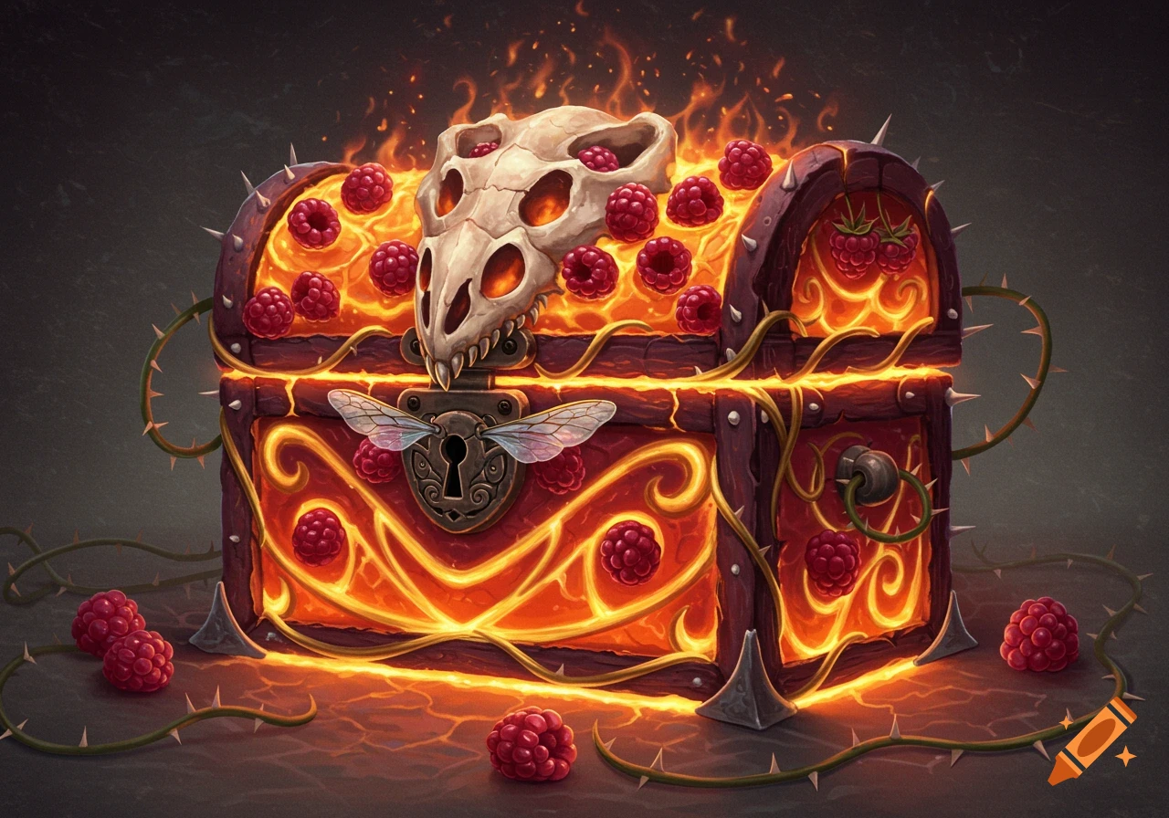 A magical, ornate wooden chest with glowing orange cracks, topped with a skull, raspberries, and fire, with thorns and a lock like a bee.