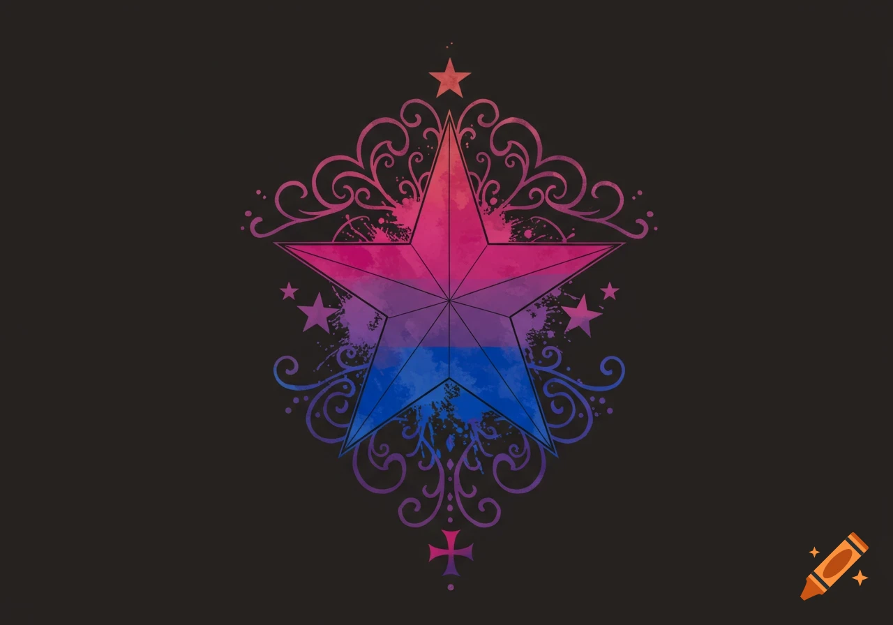 A watercolor bisexual pride flag themed star tattoo design with scrollwork and smaller stars on a dark background.