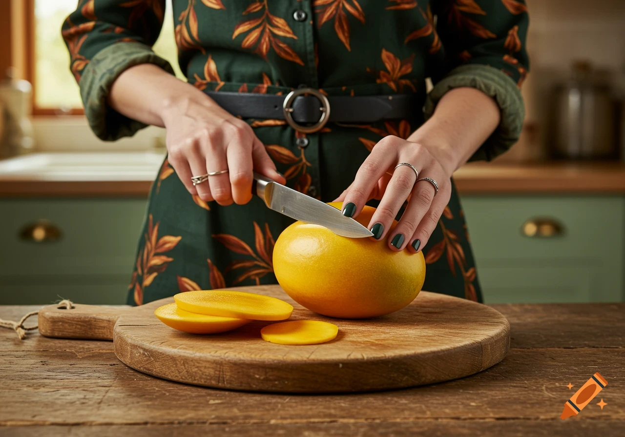 Person in a green dress cutting a mango on a wooden cutting board in a sunlit kitchen.