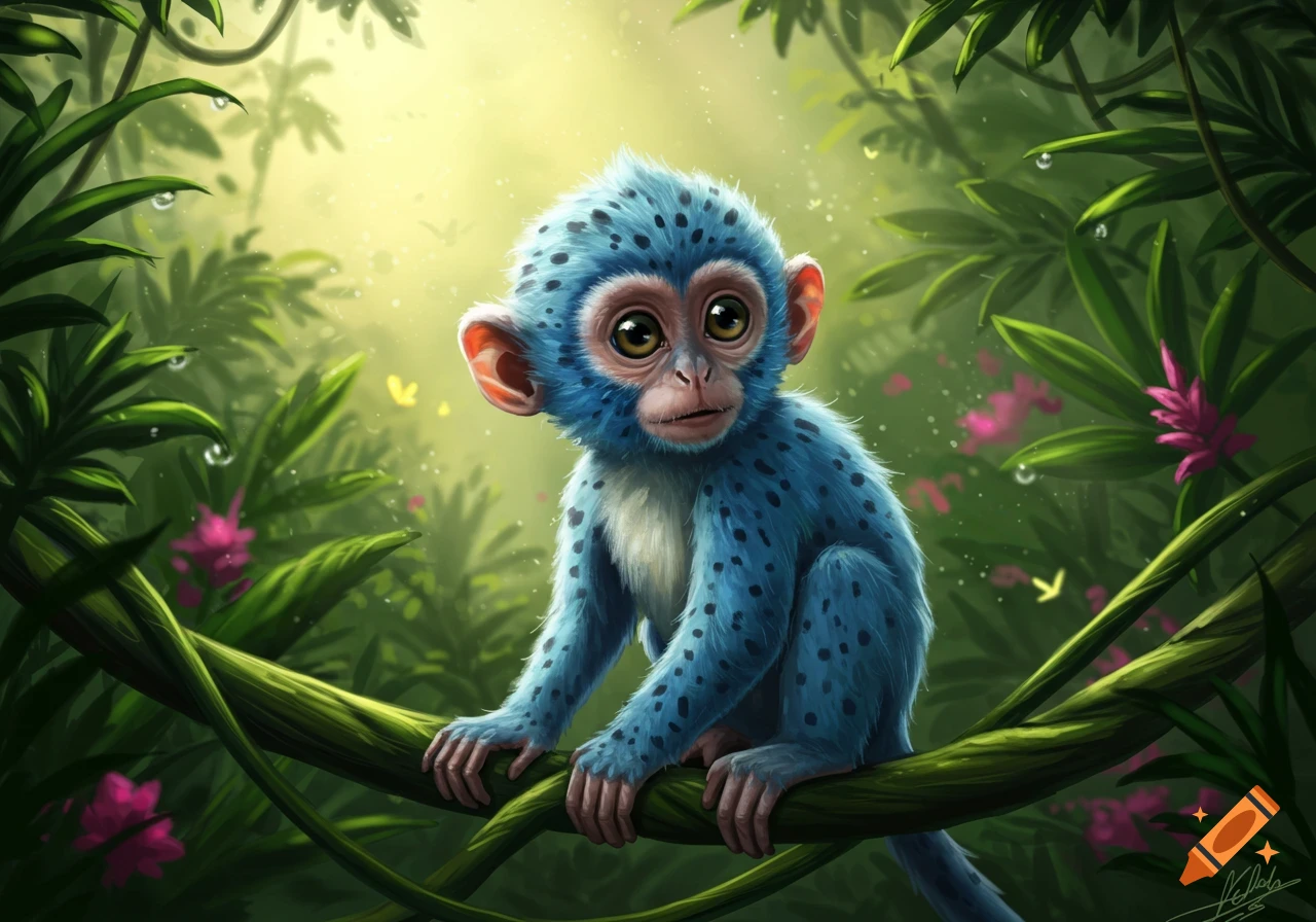 A cute baby monkey with blue speckled fur and large eyes sits on a vine in a vibrant, sunlit jungle.