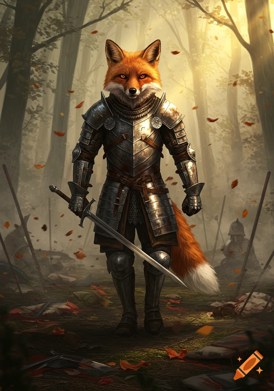 A brave anthropomorphic fox knight in detailed armor stands in a sunlit forest clearing on a battlefield, holding a sword.