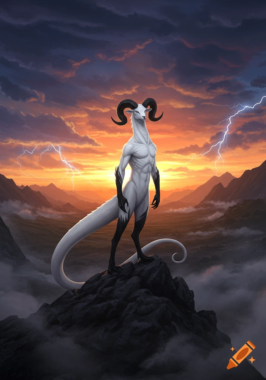 A white ram-headed creature with a muscular body and black limbs stands on a mountain peak during a sunset thunderstorm.