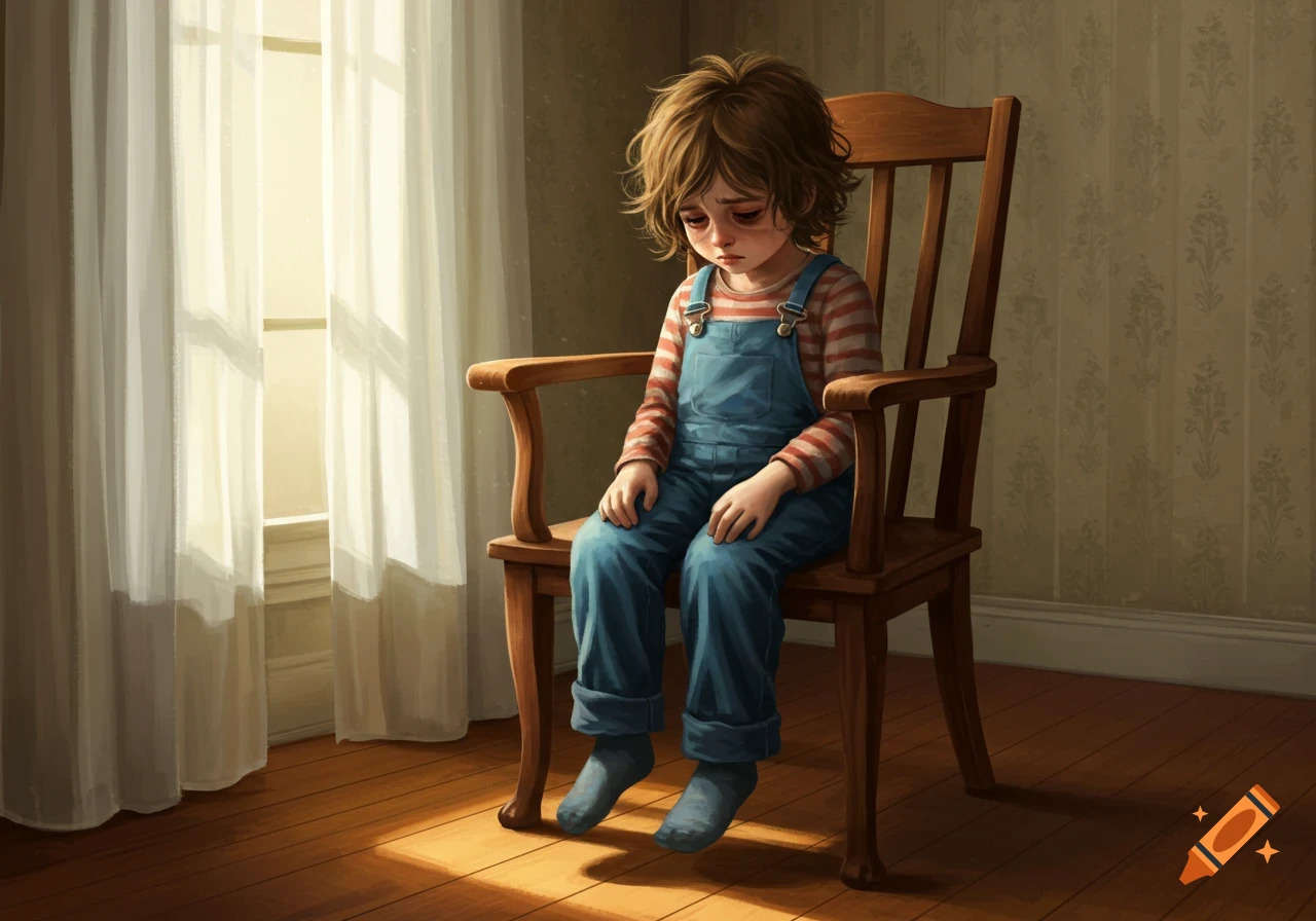 A sad child with messy brown hair sits in a wooden chair by a bright window, looking down in an illustrative style.