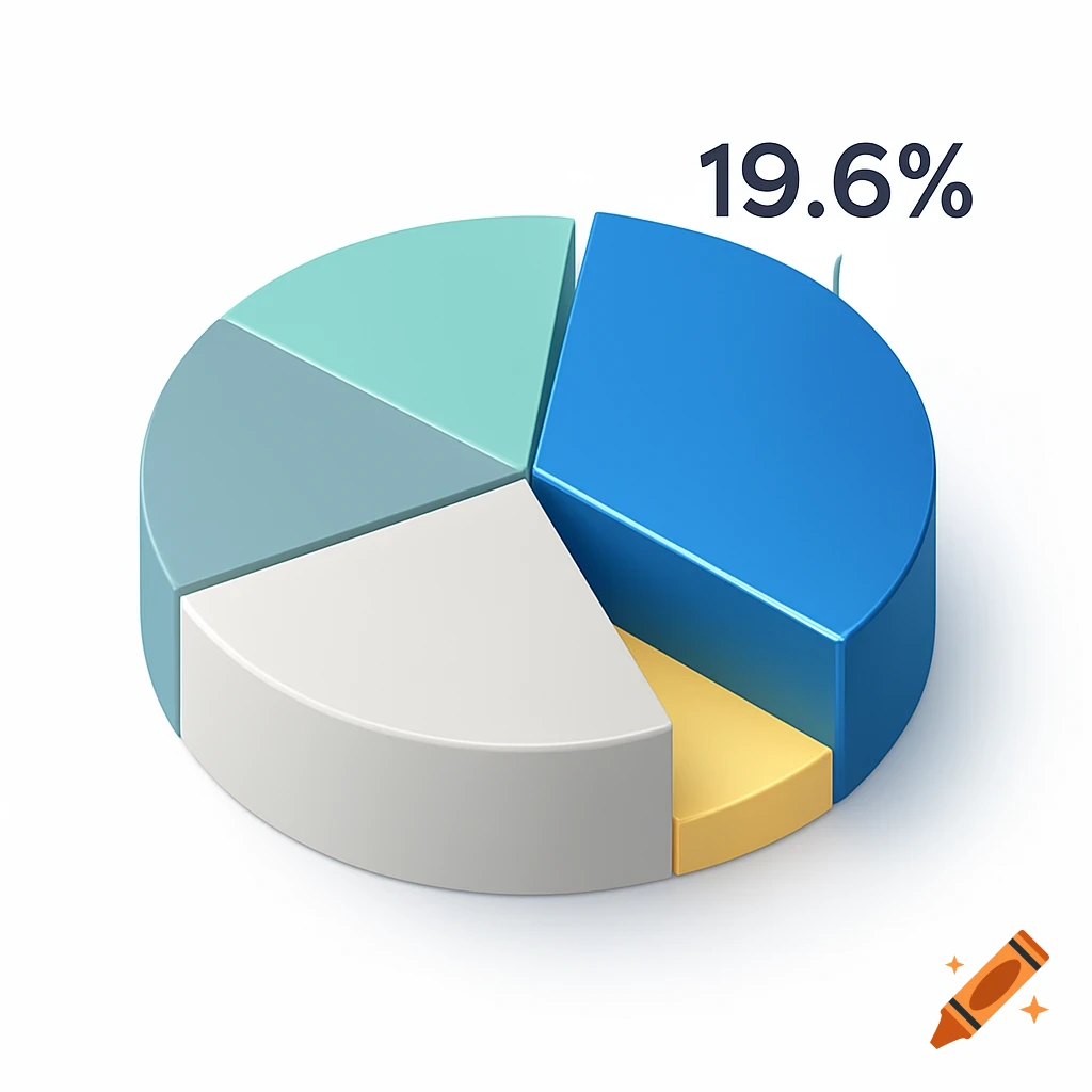 A 3D rendered pie chart with five colorful slices, one blue slice pulled out and labeled 19.6%.