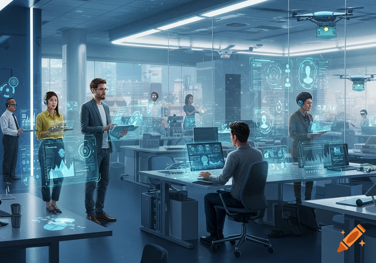 Photorealistic image of people working in a futuristic office with transparent holographic screens, computers, and drones flying overhead.