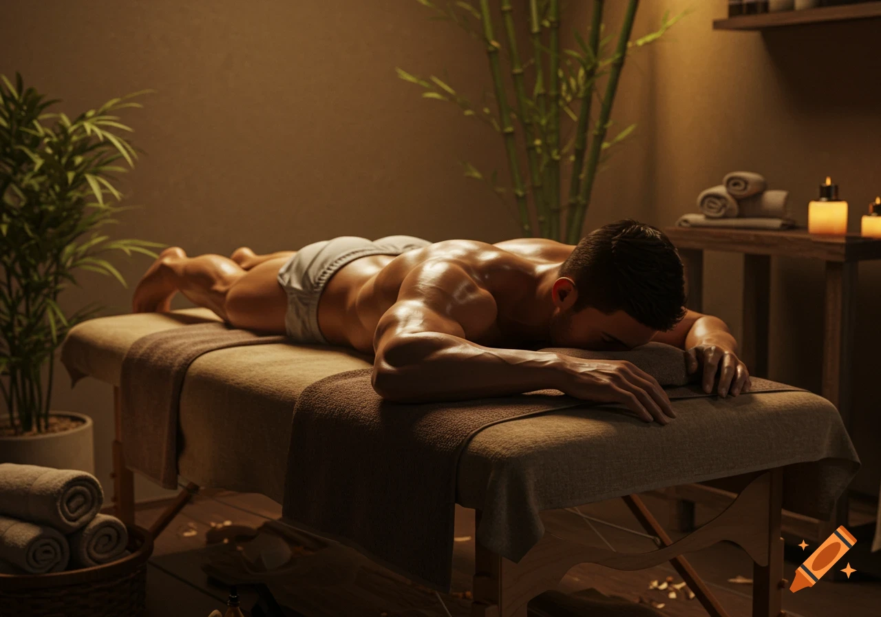 A muscular man lies face down on a massage table in a dimly lit, serene spa room with bamboo plants and candles, photorealistic.