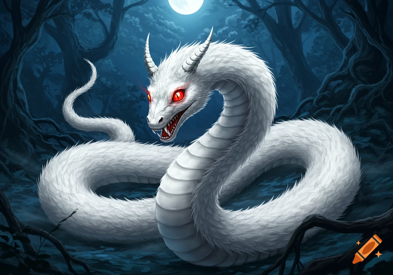 A white furry serpent-like creature with red eyes and horns coils in a dark forest under a full moon.