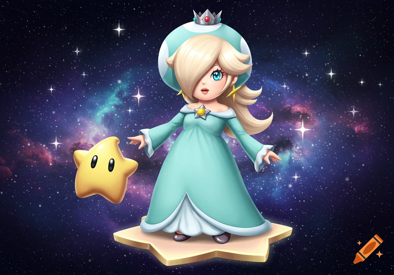 Rosalina from Mario, standing on a star platform with a Luma against a starry galaxy background in a cartoon style.