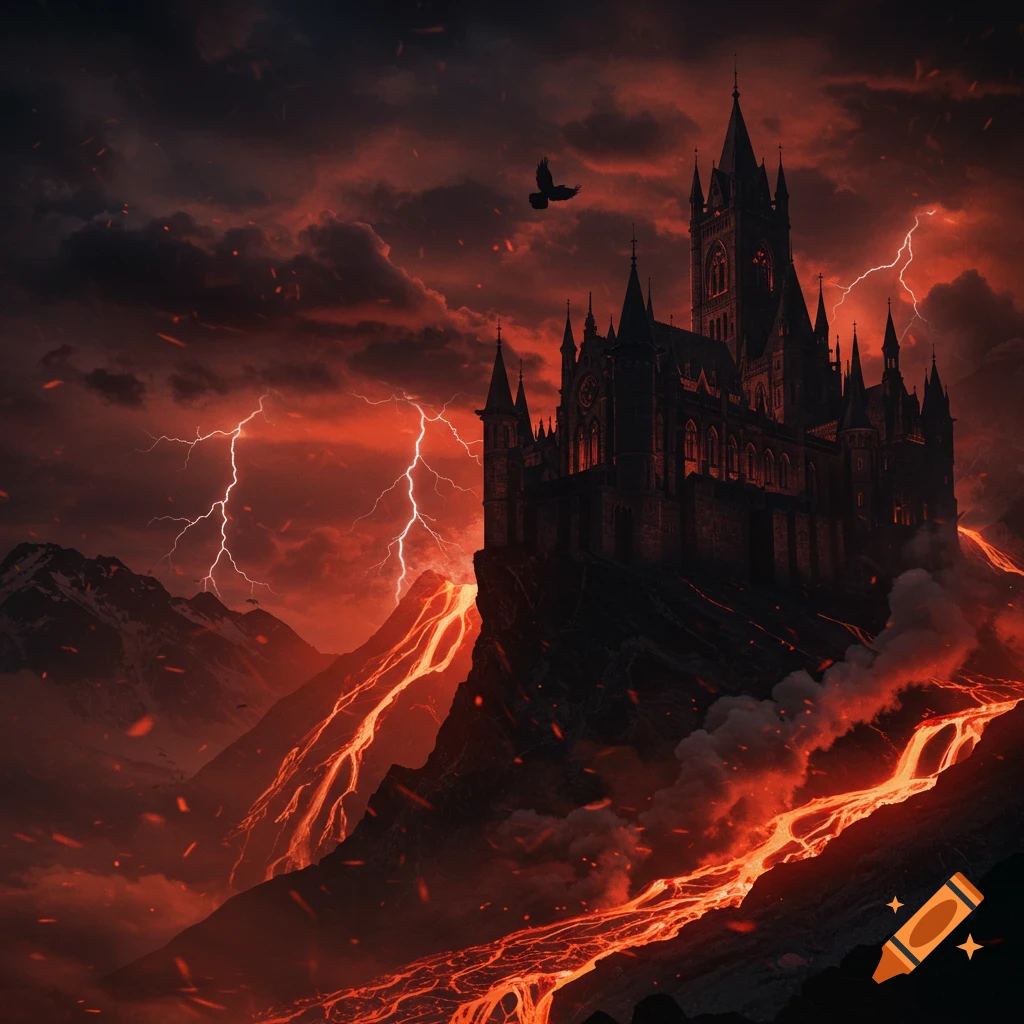 A dark gothic castle stands atop a fiery volcanic mountain with lava flows, under a stormy red sky with lightning and a flying bird.