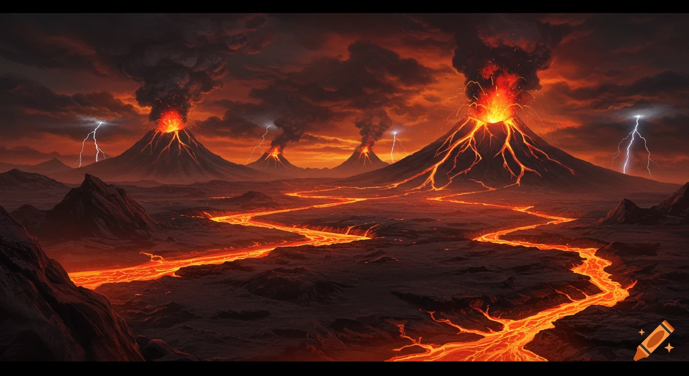Dramatic scene of multiple volcanoes erupting under dark, stormy skies with lightning, and bright lava rivers flowing through a desolate landscape.