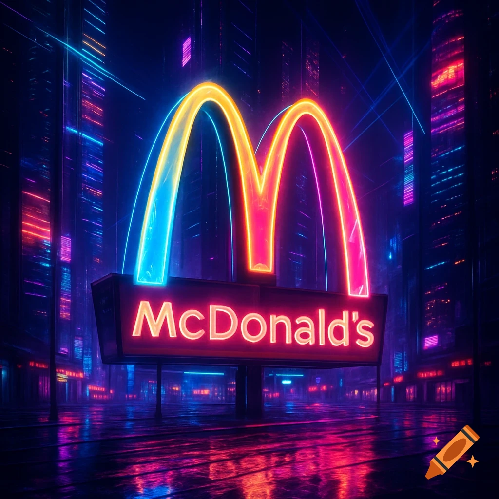A glowing neon McDonald's sign with golden arches in a futuristic, cyberpunk city at night with blue and pink lights.