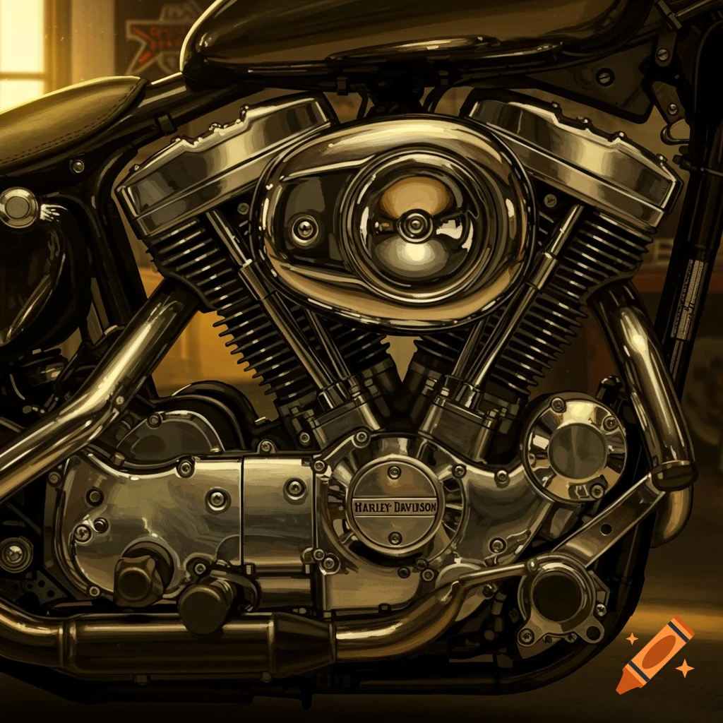 Close-up of a detailed Harley Davidson V-twin motorcycle engine with chrome accents.