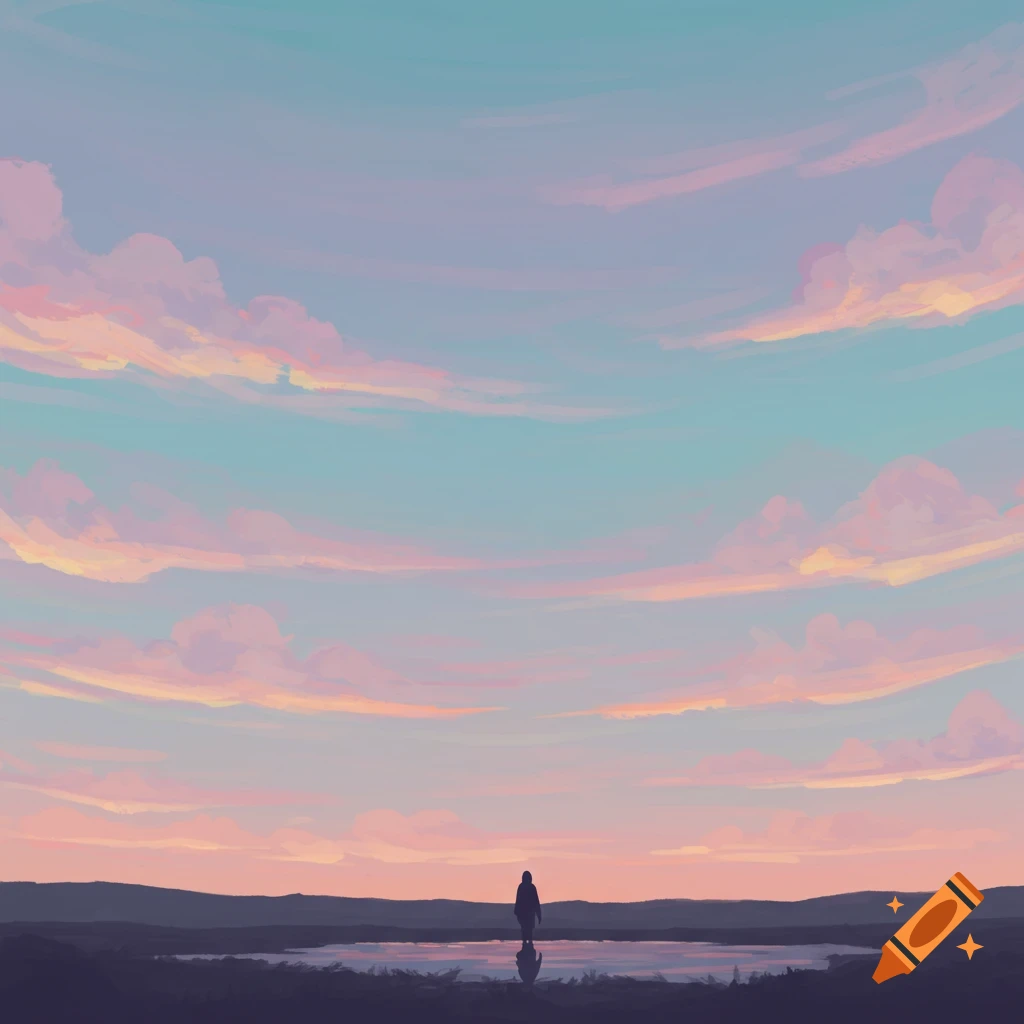 A lone figure stands in a body of water at sunset under a pastel sky with sweeping clouds, in an illustrative style.