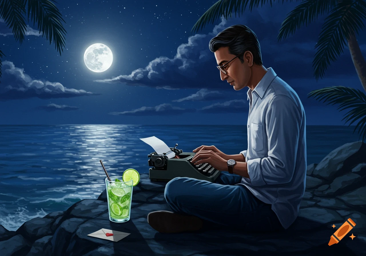 A man in glasses types on a typewriter by the ocean at night under a full moon, with a mojito on the rocks. Digital painting.