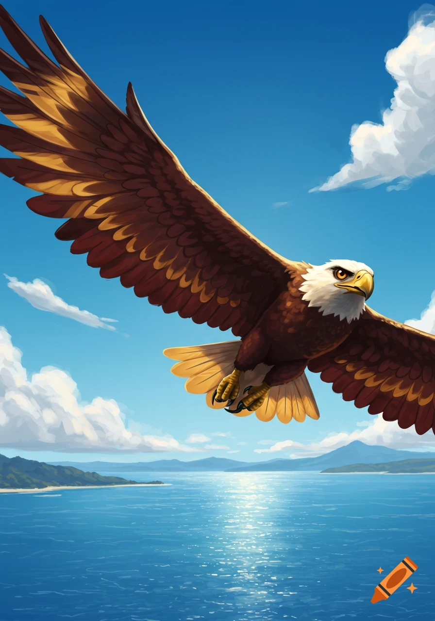 An eagle with brown and white feathers soars over a blue ocean with mountains and clouds in the background.