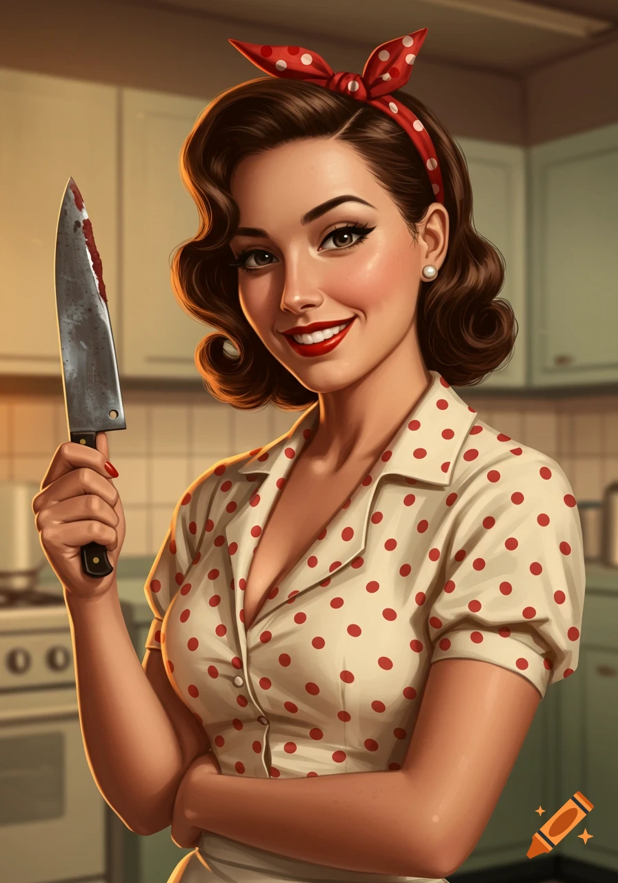 A smiling retro woman with dark hair and a red polka dot headband holds a bloody knife in a kitchen.