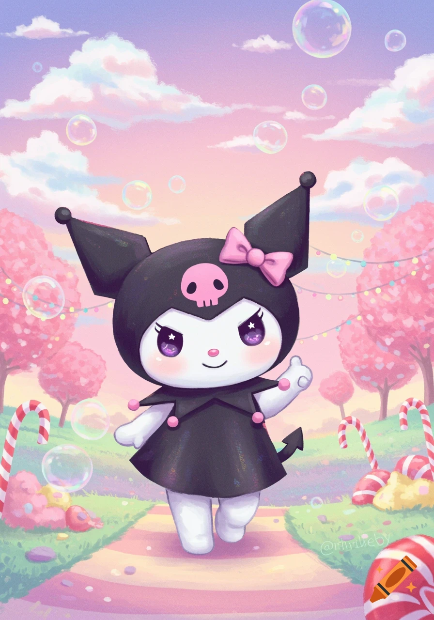 Cute Sanrio character Kuromi walks through a pastel-colored candy land with pink trees, bubbles, and giant candy canes.