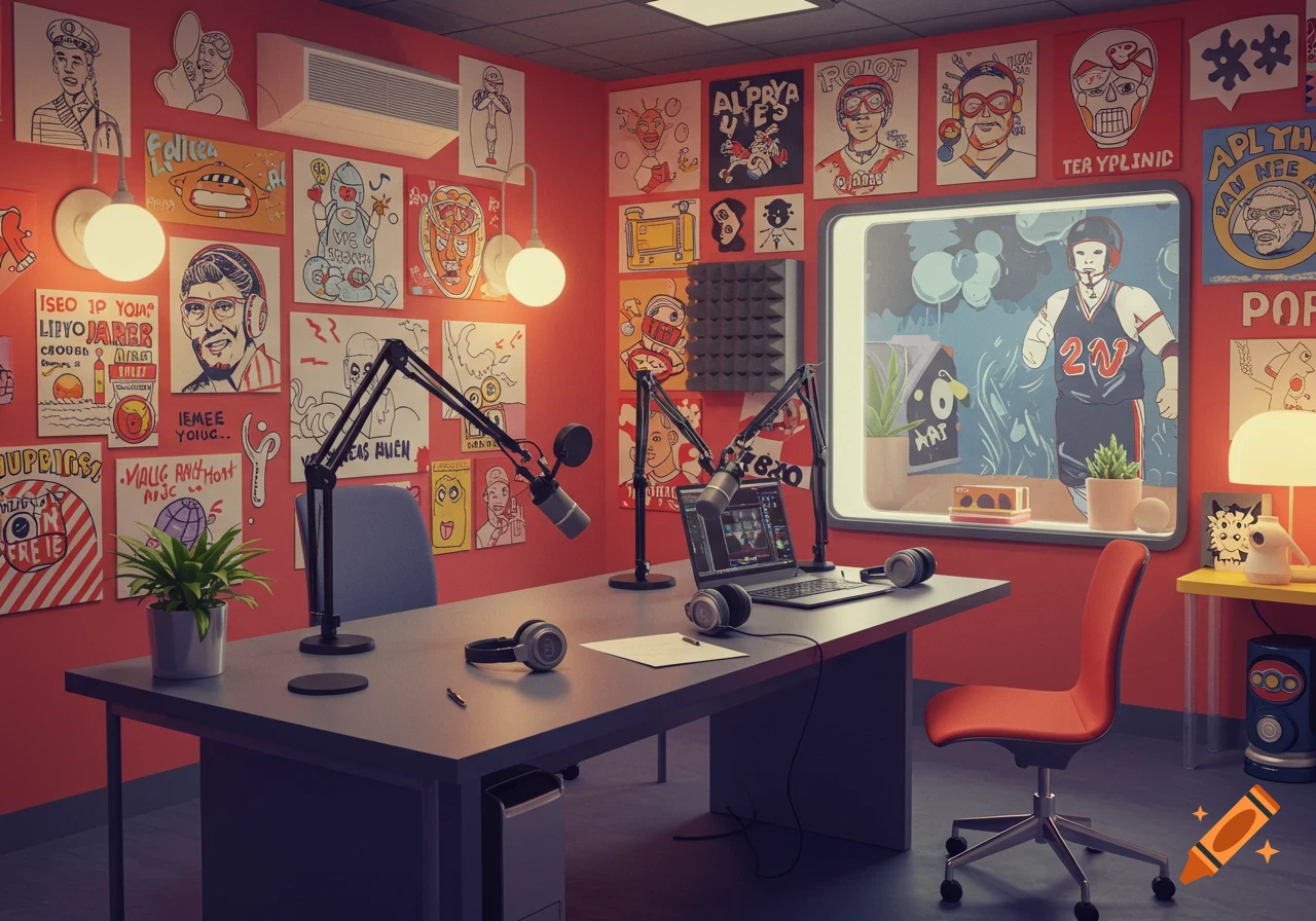 A vibrant, minimalist modern podcast studio with red walls covered in diverse, quirky cartoon drawings. The desk has microphones, headphones, and a laptop. A window shows a stylized scene with a person in a sports jersey.