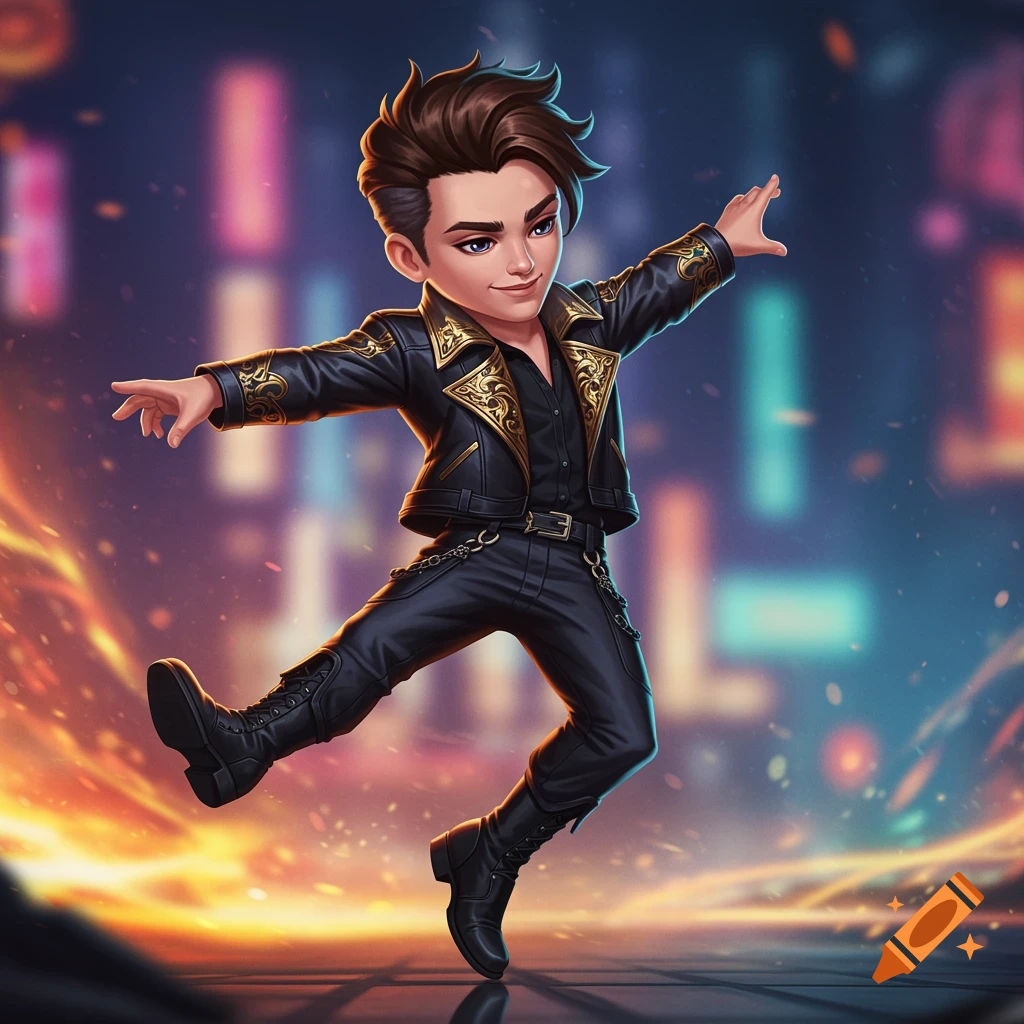 A stylized male game character in a black leather jacket with gold patterns and black pants, posing against a blurred city lights background.