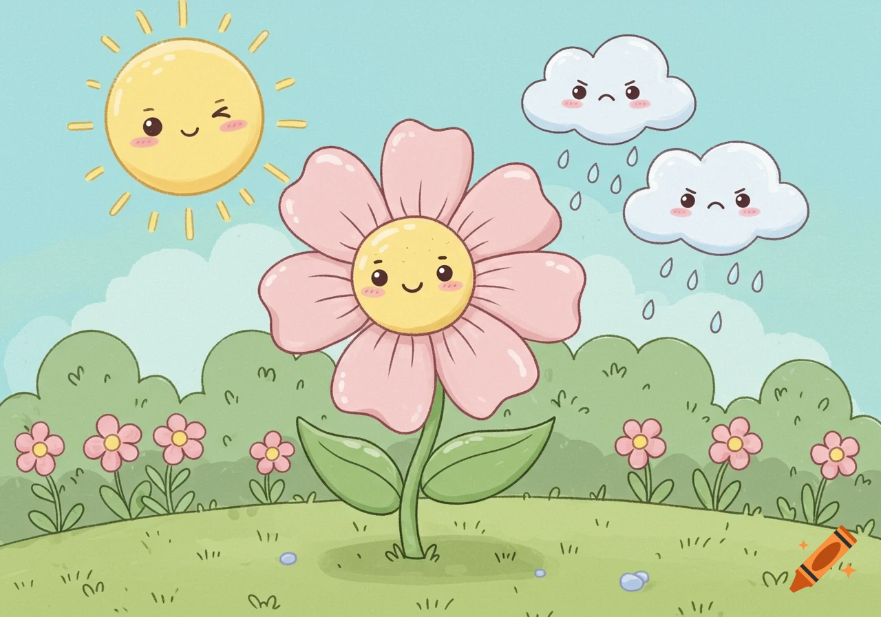 A kawaii illustration of a smiling pink flower in a field, with a winking sun and two angry rain clouds above.