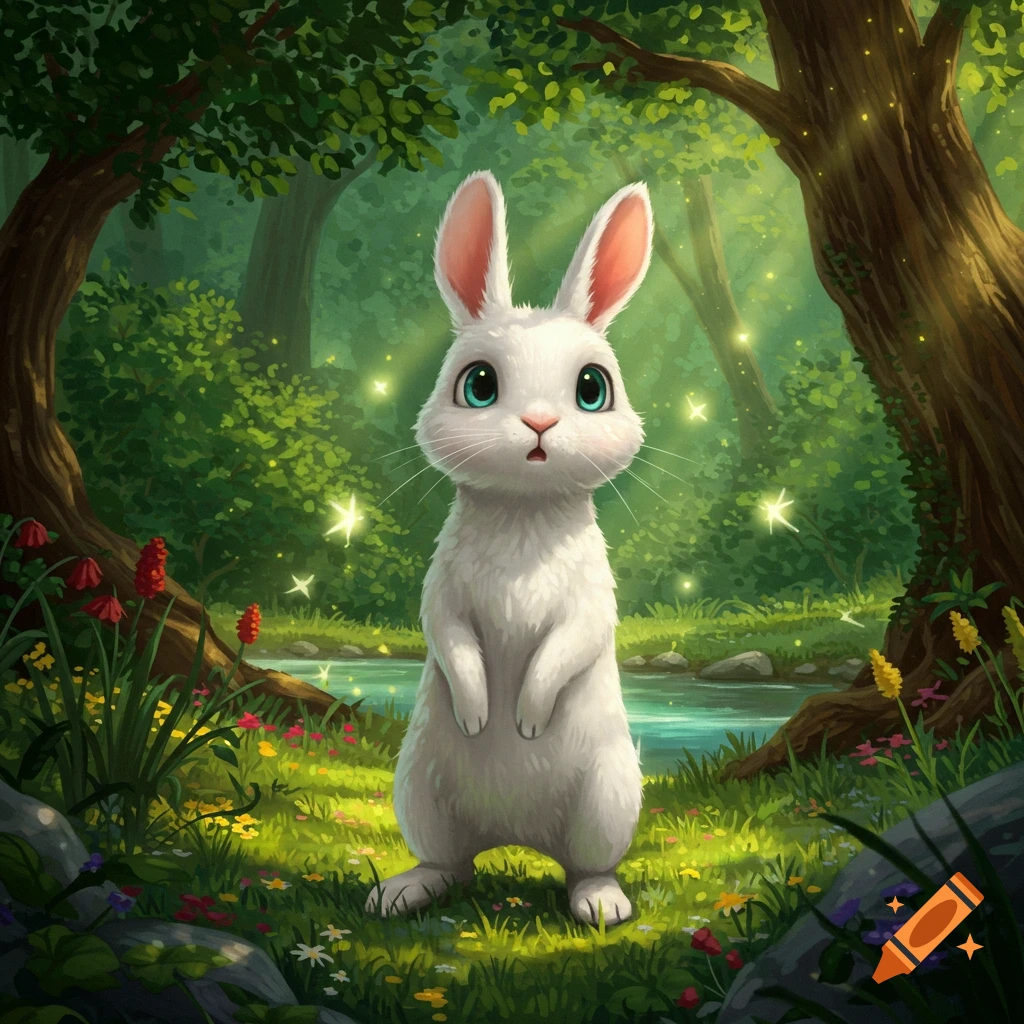 A cute white rabbit with big blue eyes stands on its hind legs in a magical, lush green forest with glowing fireflies.