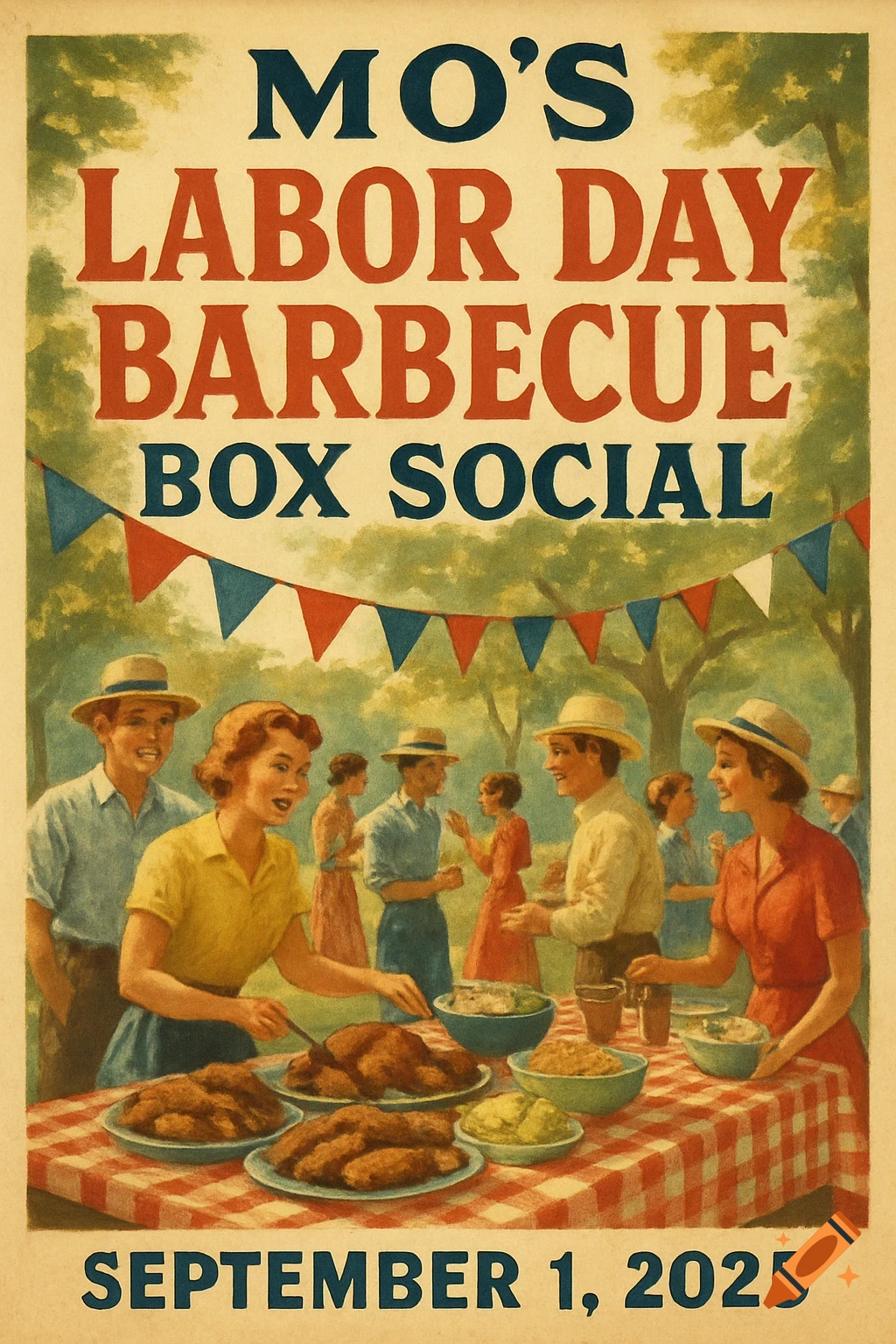 Vintage poster advertising Mo's Labor Day Barbecue Box Social on September 1, 2025, with people gathered around food outdoors.