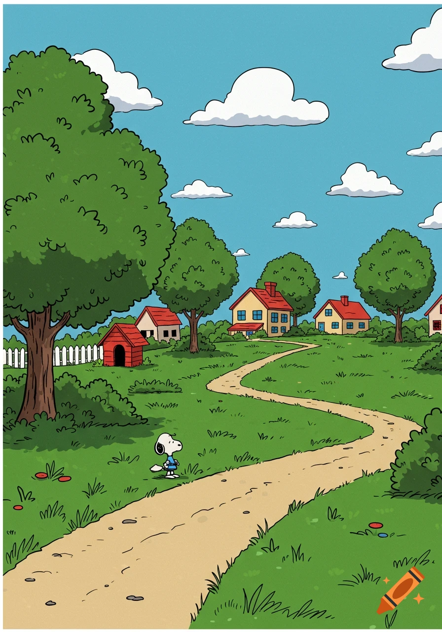 A cartoon image of Snoopy walking on a winding path through a grassy neighborhood with trees and houses under a blue sky.