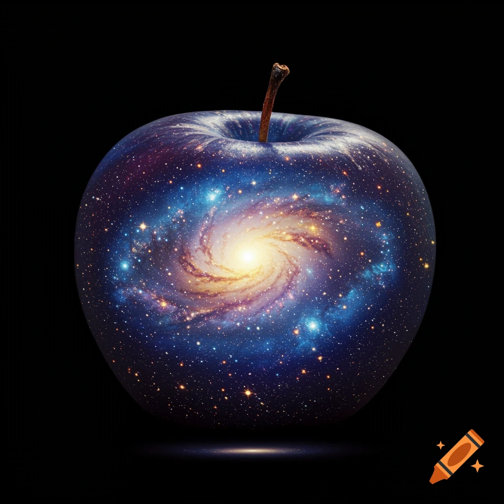 A photorealistic apple with a vibrant swirling galaxy inside it, set against a black background.
