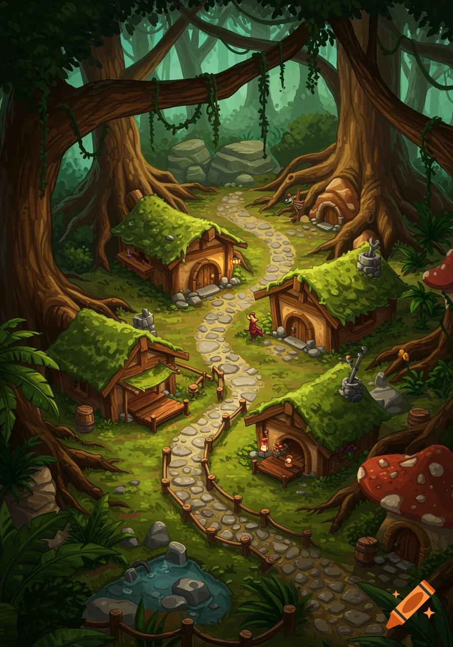 Whimsical top-down cartoon of an animal village in a lush forest with mossy-roofed houses and a winding stone path.