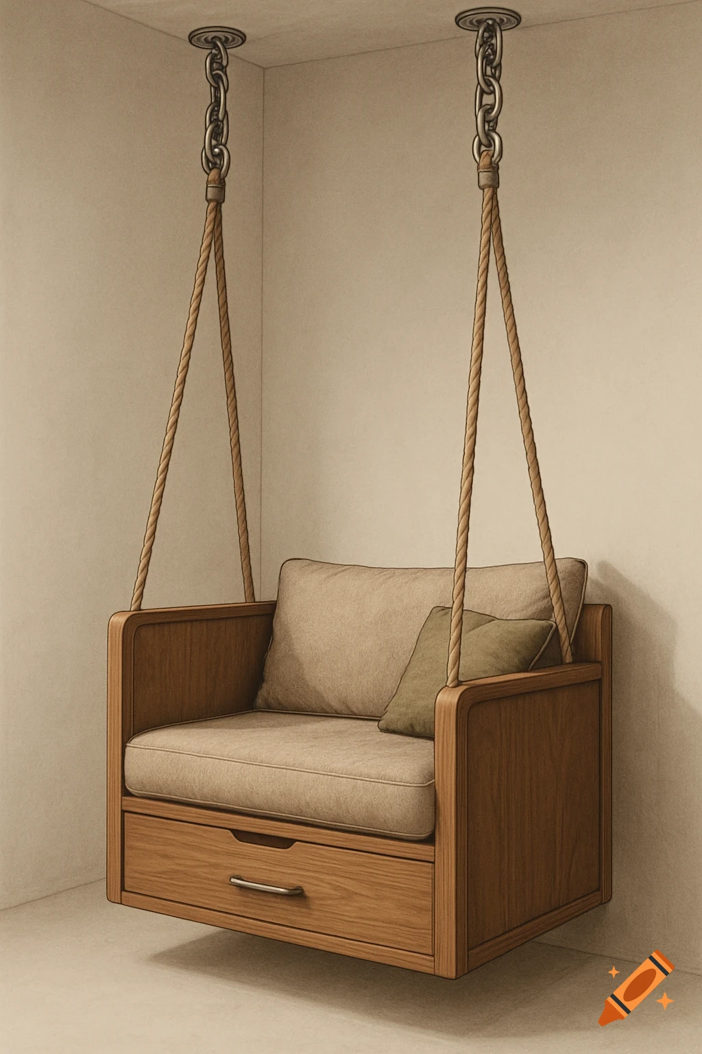A modern wooden hanging chair with beige cushions and a drawer base, suspended from the ceiling by ropes and chains in a corner.