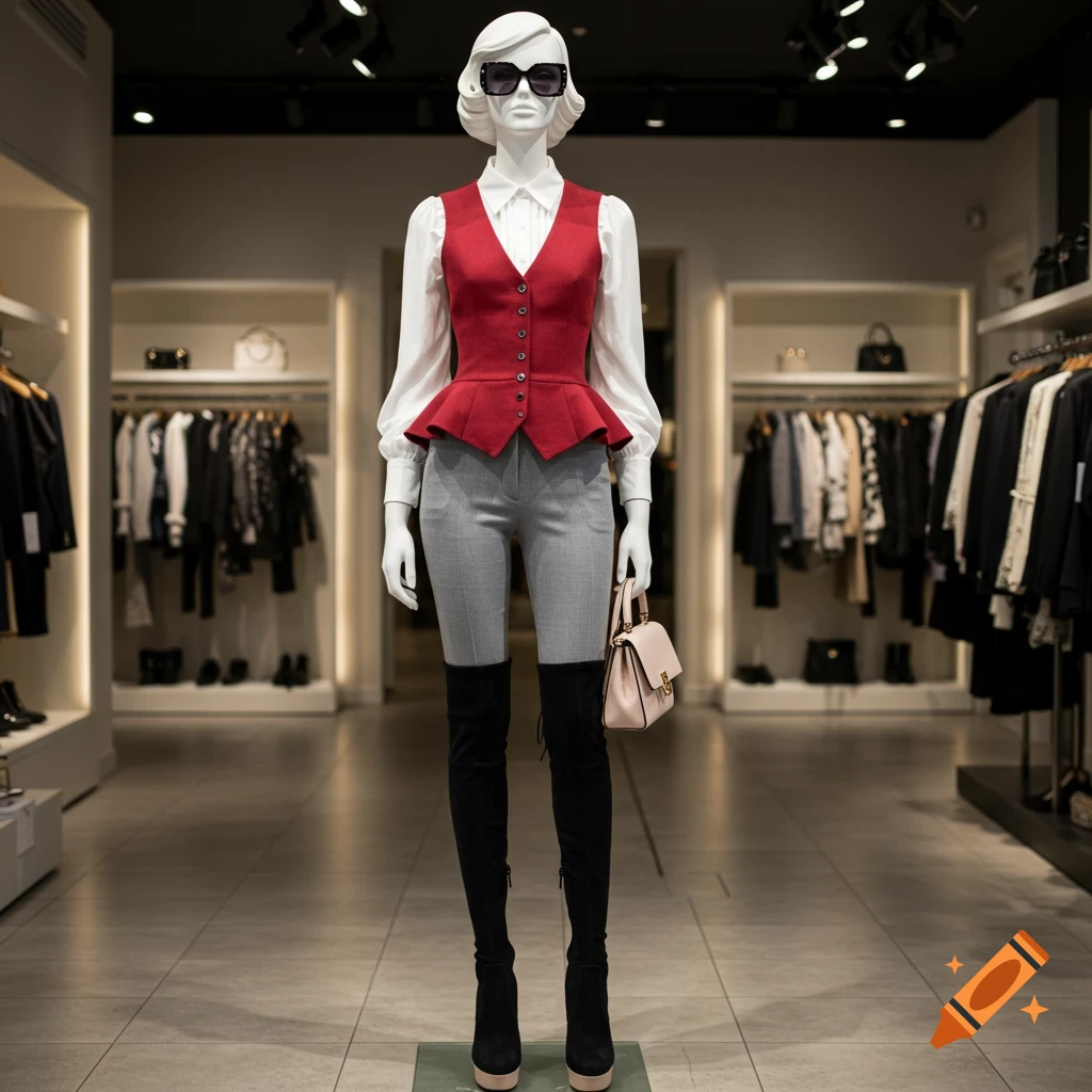 A fashion mannequin in a retail store wears a red waistcoat, white shirt, gray pants, black over-the-knee boots, and sunglasses, holding a pink handbag.