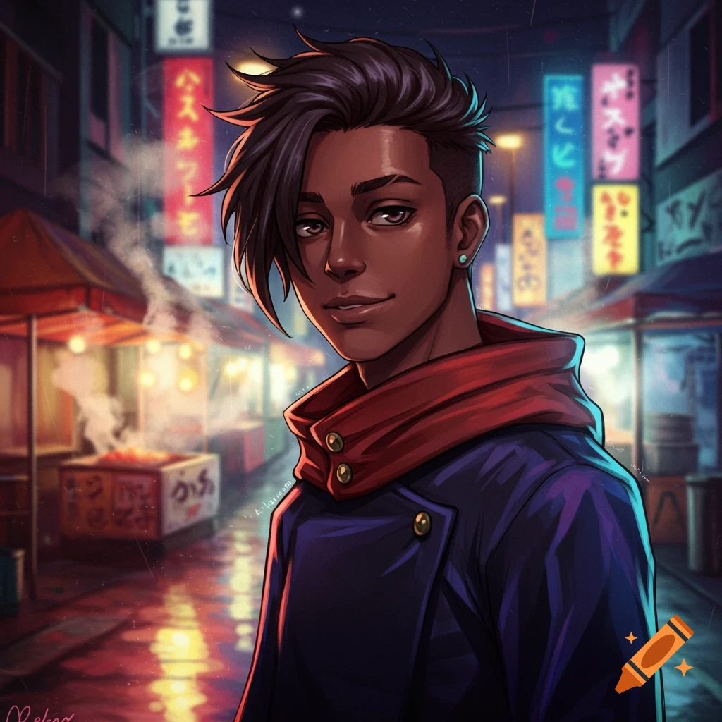 An anime-style young man with dark skin and a modern haircut, wearing a dark coat and red hoodie, stands on a rainy city street at night with neon signs.