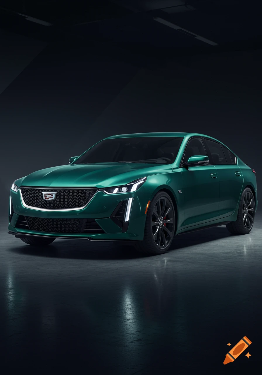 A sleek, dark metallic green Cadillac CT5-V Blackwing sedan is parked in a dim studio with dark walls and a reflective floor.